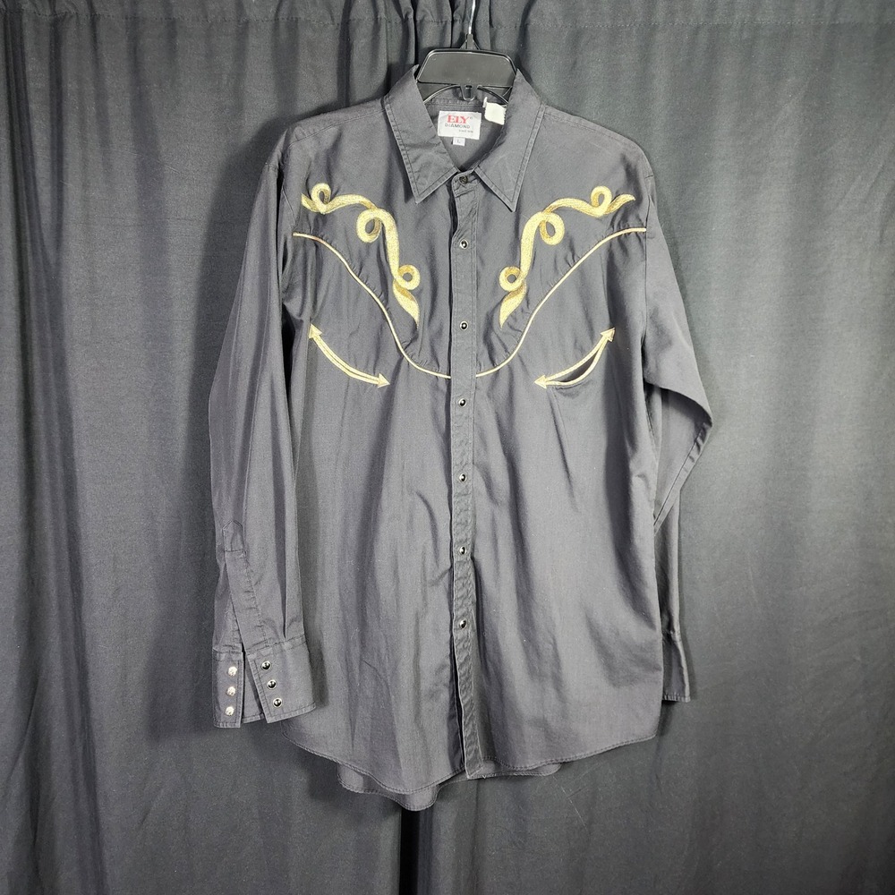 ELY DIAMOND Western Cowboy Shirt Black Gold‎ Embroidery Pearl Snap Men L